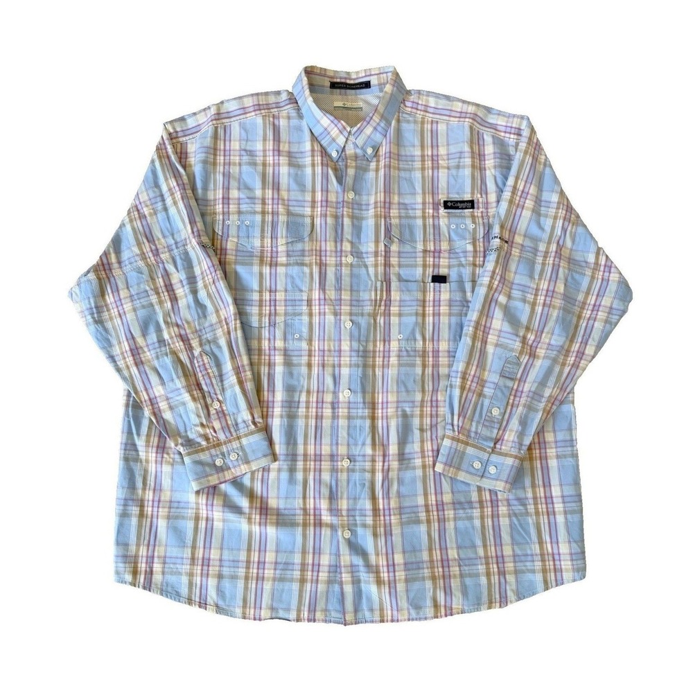 Columbia PFG Super Bonehead Fishing Shirt Mens 2XL Blue Plaid Omni-Shade Vented